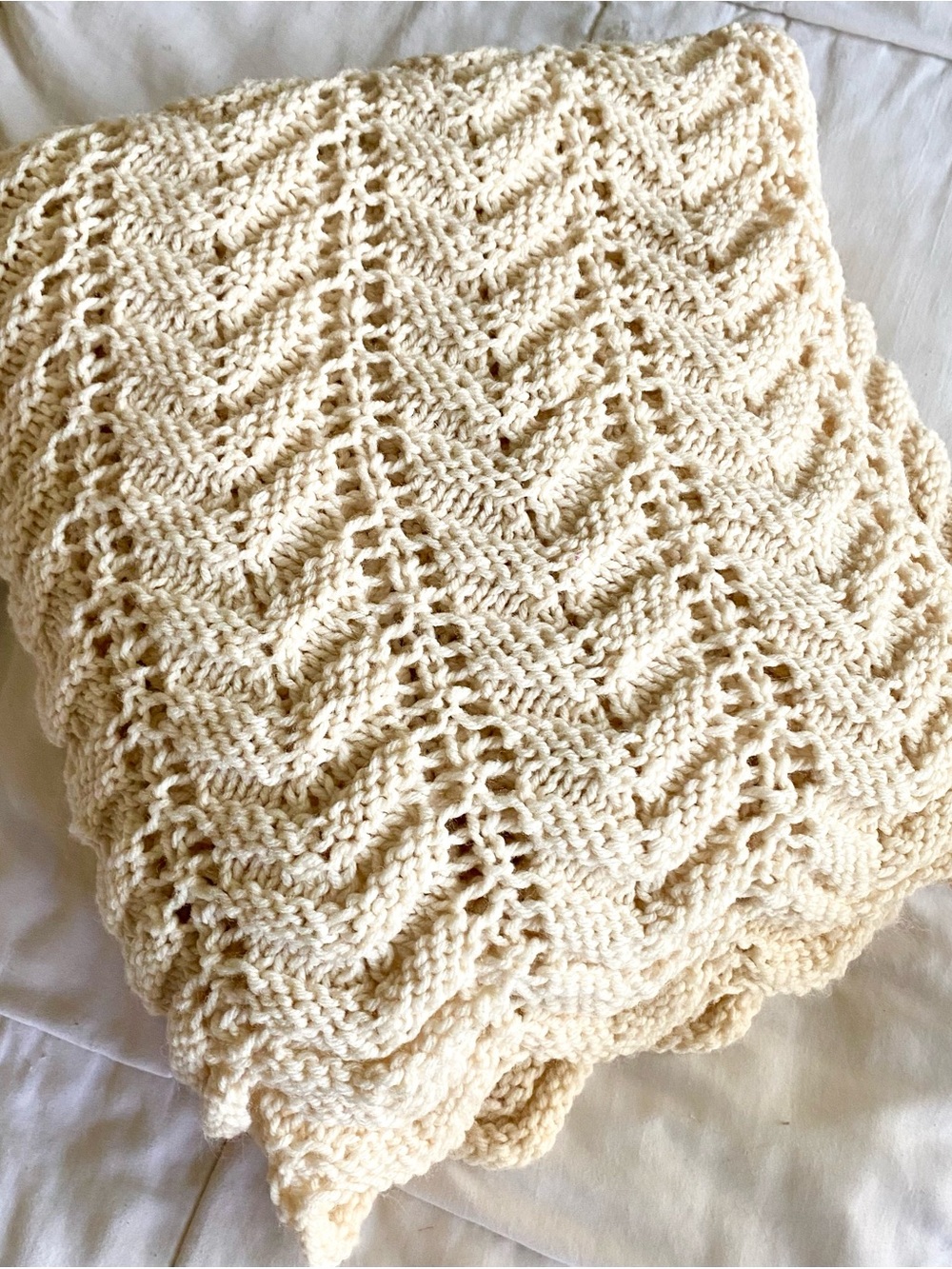 Vintage Cream Openwork Knit Throw Blanket